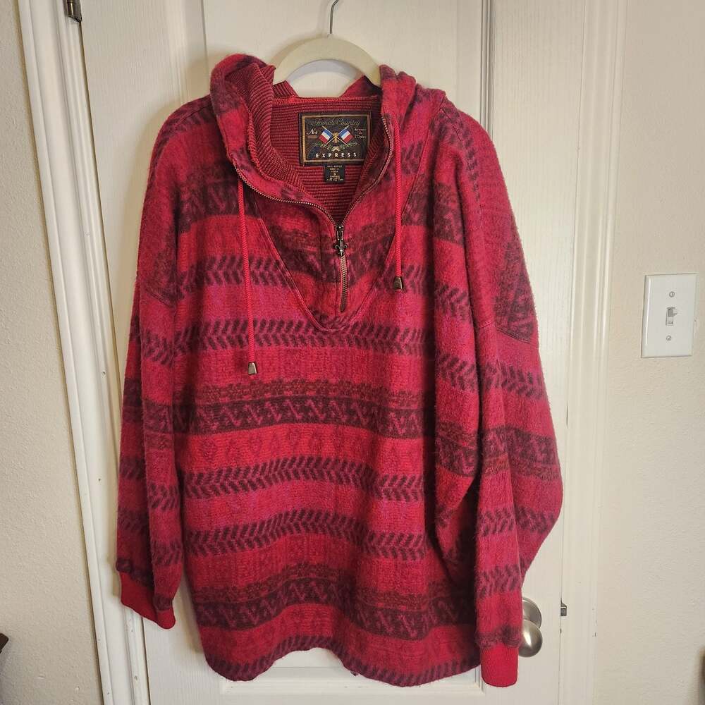 Vintage French Country Express Red Patterned Quarter-Zip Fleece Hoodie